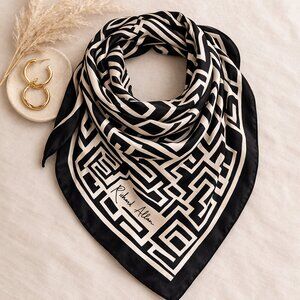 Richard Allan x H&M Sanaa Satin Square Scarf Black Beige Geometric Print 31"
